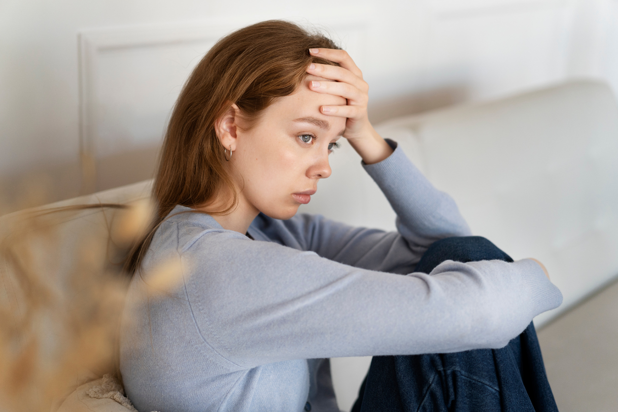 A young woman with long, dark hair wearing a grey'ish blue shirt sits with her head in her hands looking stressed.